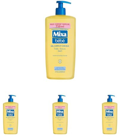Mixa Bébé Gel 2 en 1 Corps et Cheveux Très Doux - À l'Huile d’Amande Douce -Hypoallergénique - pH Neutre - Maxi Format Familial 750 ml (Lot de 4)