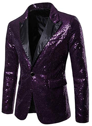 RUMAOZIA Giacca da smoking da uomo con paillettes glitter giacca oro blazer Classic Slim Fit lucido con scollo a V Elegante blazer per feste con 1 abbottonatura, O viola, XL