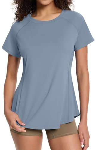 EFFAN Damen Sport Shirt Sportshirt Tshirt Oberteile Fitness T-Shirt Sportkleidung Frauen Kurzarm Sportsachen Funktionsshirt Blau M