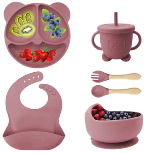 Eliano 6-teiliges Silikon Baby Geschirr Set – BPA-frei – Rutschfester Teller & Schüssel, Lätzchen, Trinklernbecher mit Strohhalm & Besteck – Baby Led Weaning Set (Rot)