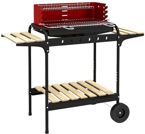 Outsunny Barbecue à charbon BBQ grill sur pied avec gril réglable 2 roues et 3 étagères récupérateur de cendres 103 x 47 x 95 cm rouge