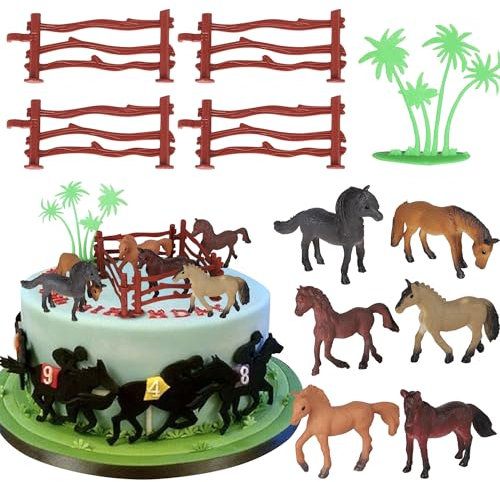 11 Stück Pferde Dekorationen Wild Tier Tortendeko Pferde Zaun Baum Kuchen Deko Realistisch Mikrokosmos Cupcake Toppers für Safari Thema Baby Dusche Kinder Geburtstag Party Kuchen Dekorationen