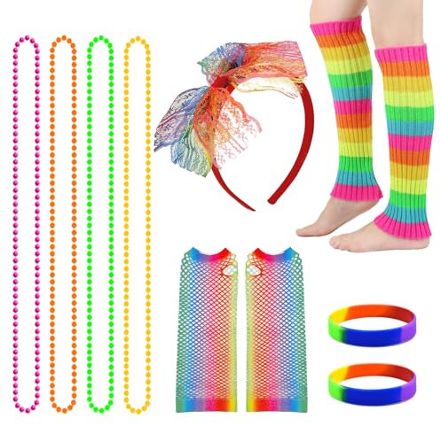 TUONYIS 5 Pièces Deguisement Annee 80 Femme Accessoire Fluo, Bandeau,Colliers,Bracelets,Jambières,Gants En Résille, Déguisement Année 80 Accessoire Femme Fluo, Deguisement Annee 80s Accessoire (Coloré