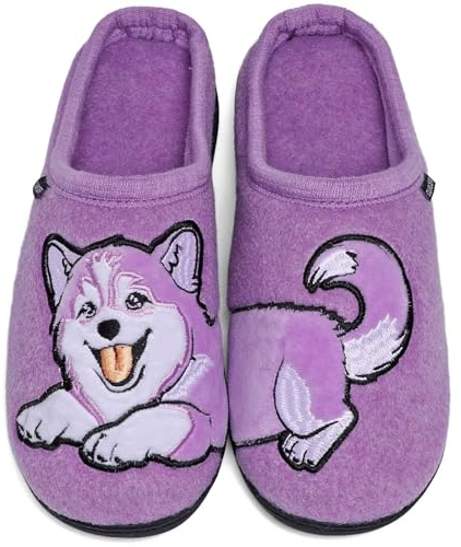 GURGER Pantofole Uomo Donna Invernali Scarpe da Casa Calde e Comode con Fodera Morbida in Peluche Ciabatte da Casa con Ricamo Cane e Gatto Motivo Animale, Viola 38 39