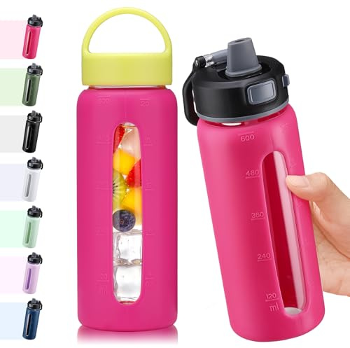 BLUEGO 600ml Glass Water Bottle with 2 Lids-One-touch Lock Lid and Handle Lid Reusable Drinking Bottle with Time Marking for Travel Home Gym Sports BPA Free, Rose Red