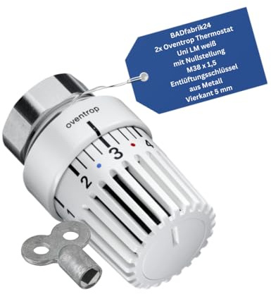BADfabrik24 Thermostat Uni LM weiß mit Nullstellung M38 x 1,5 + Entlüftungsschlüssel 5 mm Vierkant – 2er Set Heizkörper-Thermostatkopf, präzise Regelung, einfache Montage