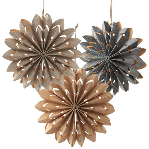 Stern-Hänger aus Papier 3er Set 15x15 cm in Naturtönen – Weihnachtsdeko zum Aufhängen, winterliche Deko-Sterne in Beige, Grau und Braun – Logbuch-Verlag