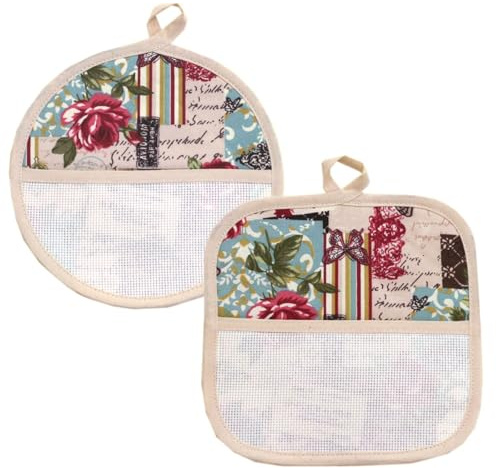 Presine da Cucina da ricamare a punto croce, Set da 2 Pezzi presine da cucina con tela aida, Coppia di presine Fiori/Farfalle (189 BEIGE)