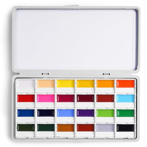 Aquarellfarben Set - 24 Deckende Aquarell Wasserfarbkasten mit Mischpalette | Hohe Deckkraft, leuchtend satte Farben mit hoher Farbsättigung | Perfekt für Künstler, Hobbymaler und Malerei-Liebhaber