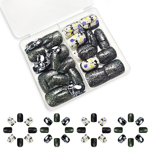 Glow-in-Dark Halloween Fake Nails 48pcs Web Square Press-on Acrylic Tips Full Cover Stick on Nails Stick on Nails