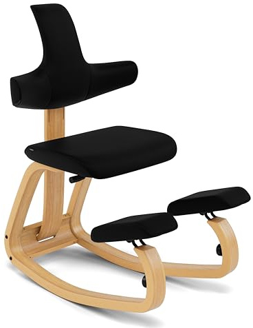 Varier Thatsit Braun/Schwarz Ergonomischer Kniestuhl Höhenverstellbar mit Rückenlehne und Holzrahmen aus Buche für Aktives Sitzen – 10 Jahre Qualitätsgarantie
