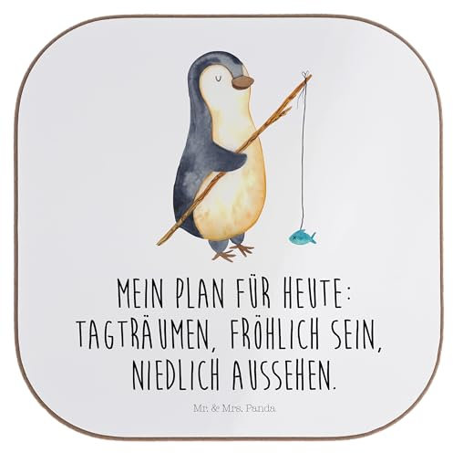 Mr. & Mrs. Panda Holz Untersetzer Pinguin Angler - Geschenk, Tagesplan, Untersetzer Design, Fischer, verträumt, Tassen Untersetzer, Seevogel, Angeln,