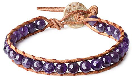 COAI Verstellbares Lederarmband mit Amethyst Perlen Echter Heilstein Perlenarmband für Damen