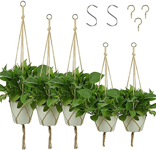 KissDate - Confezione da 5 portavasi da appendere in corda di iuta, a 4 bracci, per vasi di fiori e piante, decorazioni per interni ed esterni,1 pezzo da 120 cm, 2 pezzi da 105 cm, 2 pezzi da 90 cm