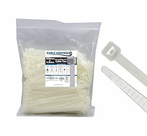 Kable Kontrol Natural White Cable Ties, 200 mm x 4.8 mm, Pack of 1000, 8 Premium Nylon Zip Ties, Multi-Purpose Plastic Tie Wraps, Secure Self-Locking Mechanism, for Home, Garden, Office and DIY