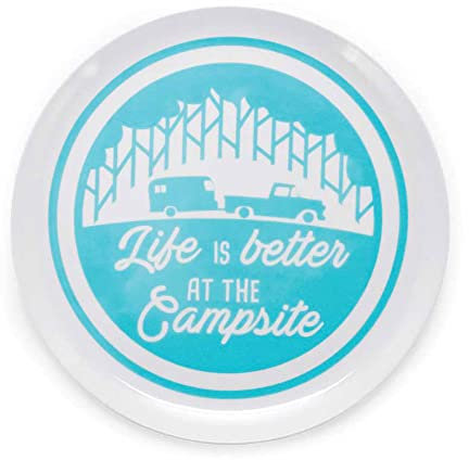 Camco Life is Better at The Campsite Large Dinner Plate - White with Teal and Navy Retro RV, Camper, and Trailer Print, BPA Free, Melamine (53227)