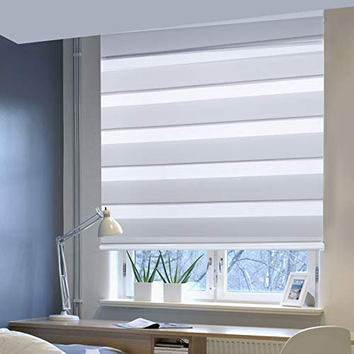 Doppelrollo ohne Bohren Klemmfix, Duo Rollo Seitenzugrollo mit Klämmträgern, Sicht und Sonnenschutz für Fenster Tür Wand, lichtdurchlässig u. Verdunkelnd (Grau, 100 x 150 cm)