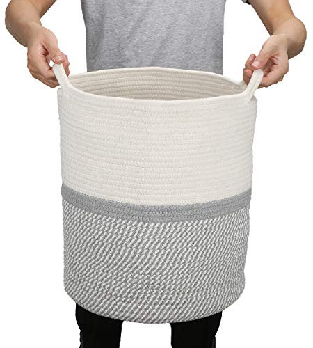 Woven Storage Basket with Handles Laundry Hamper Toy Towels Blanket Basket Woven Cotton Rope Basket Storage Containers for Home Living Room
