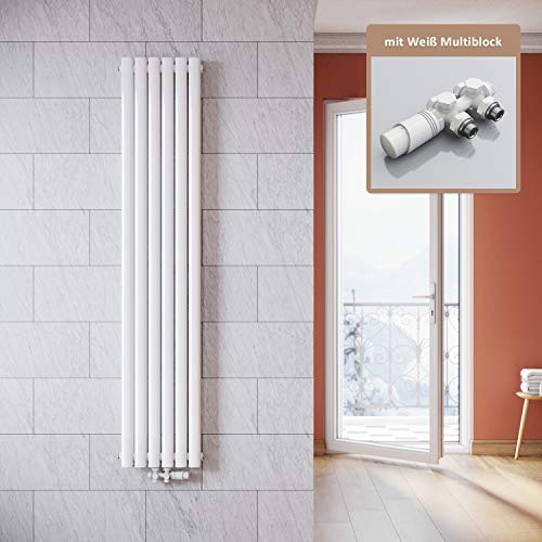 ELEGANT - Radiatore verticale di design, colore: bianco, 1800 x 354 mm, con termostato multiblocco, a doppio strato, collegamento centrale, scaldasalviette