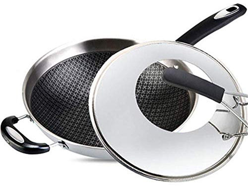 Wok, antiadherente Estufa Pan Fogón de gas, 32 cm con tapa de cristal Wok