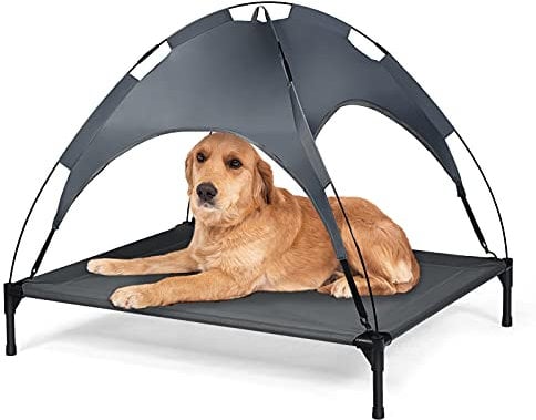 DREAMADE Hundeliege Outdoor mit Dach, Erhöhtes Hundebett Hundeliegeplatz aus Stoff, Haustierbett mit Dach, Schlafplatz für große Hunde bis 40 kg/ 50 kg, Haustierbett für Indoor & Outdoor (XL)