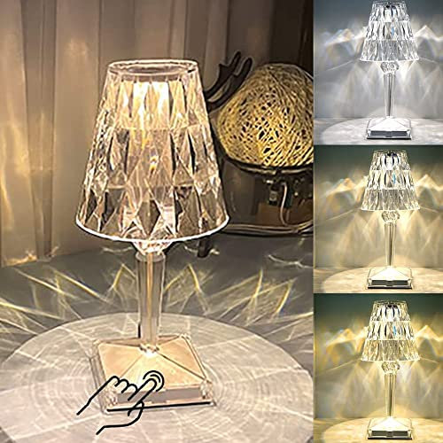 Crystal Table Lamp Touch Control Crystal Rose Lamp, [2000mAh] Rechargeable LED Diamond Table Lamps with 3 Color Changing Light, [Non-Yellowing] Acrylic Cordless Table Lamp Small Lamp for Room Bedroom