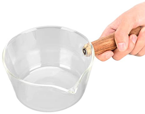 Pentola per Il Latte,Padella in Vetro Trasparente con Manico in Legno e Beccuccio a Forma di V,Scalda Caffè per Cucinare Burro per Fornelli a Gas(400ml)