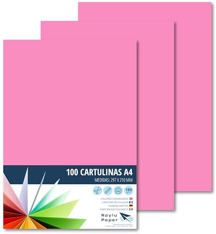 Raylu Paper – Papier Cartonné A4 Coloré, 100 Feuilles Cartonnées, Papier Epais de Couleur, pour l’Ecole, le Bureau, le Scrapbooking, les Activités Manuelles, 180g/m², 210 x 297 mm (Rose Bonbon)