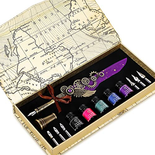 YICMY Kalligraphie Set, Schreibfeder Kaligraphiestifte Set Vintage Federstift Tinte Set, Feder Kalligraphie Stift für anfänger, Antikes Schreibwaren-Geschenk für Weihnachten, Valentinstag