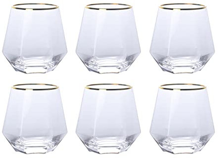 REHON 300ml Diamant Whiskey Gläser Set, Klar Geometrisch Modisch Wassersaft Tumbler Gekippt Scotch Glas Modern Look Glaswaren für Saft, Whiskey, Scotch, Bourbon,Brown-2 (Gold Trim-6)