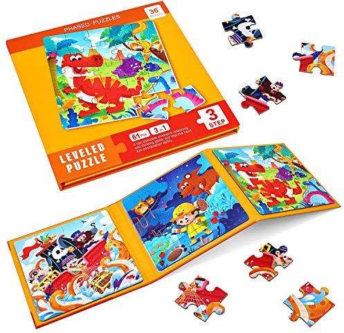 BBLIKE Puzzles Toys for 3 4 5 Year Olds - Magnetic Jigsaws 61 Pcs for Kids Age 2-6,Travel Games for Toddlers on Plane Educational Learning Birthday Gift Present for Children Boys Girls (Dinosaur)