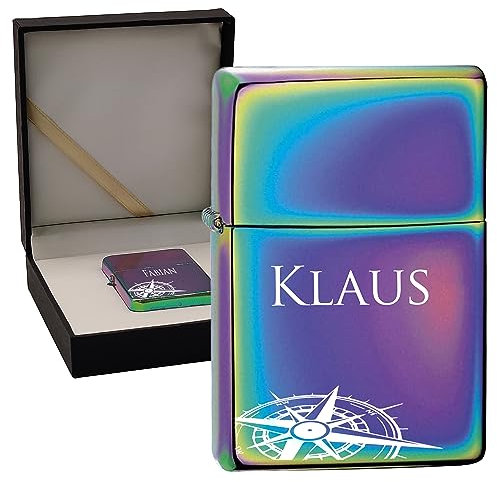 KDO MAGIC - Feuerzeug personalisiert - Eingravierter Vorname - Farbe ICY - Geschenkidee für Herren, Geburtstag, Vatertag (Motiv: Kompass)
