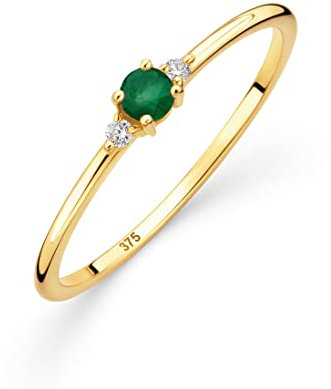 OROVI Damen Goldschmuck, Gold Ring mit Smaragd und 2 Diamanten 0.03 ct, Trilogie Ring, Verlobungsring, Edelstein, Gelbgold 9 Karat (375)
