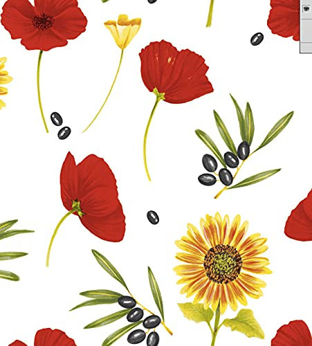 ecosoul Wachstuchtischdecke Gartentischdecke Wachstuch Basique White weiß mit rotem Mohn, Sonnenblumen und Oliven in 140cm Breite Meterware Länge wählbar (250cm x 140cm)