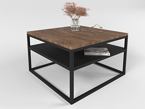 lukmebel Couchtisch Nova mit Regal Modern für Loft-Räume Pulverbeschichteter Edelstahl 16mm Tischplatte 68,5x68,5x48cm Ergonomisch Bequem Schwarz/Eiche Stirling