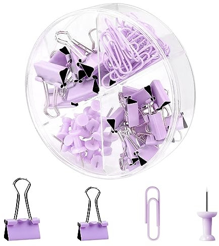 Jagowa 72PCS Binder Clips Set, Paper Clips, Push Pins, Bulldog Clips with Storage Box, Desk Accessories Organizer for Home School Office Supplies (Purple)