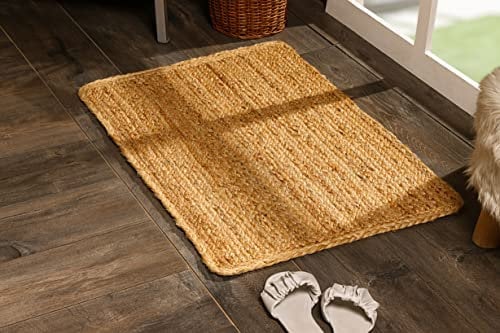 Spetebo Jute Teppich geflochten Natur - rechteckig / 90 x 60 cm - Kurzflor Läufer im Ethno-Style - Niedrigflor Naturfaser Matte recycelbar wasserabweisend antistatisch farbecht