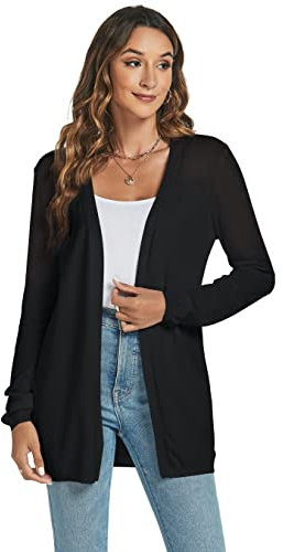 Famrrifuu Donna Cardigan Cotone Lungo Leggero Maniche Lunghe Aperto Davanti Elegante Casual Cardigan,Nero,M