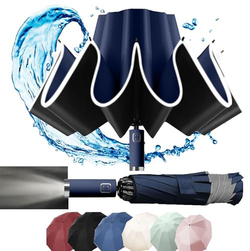 MZSX Regenschirm, LED-Licht, Taschenschirm, winddicht und sturmfest, Umgekehrtes Faltdesign, Klein Kompakt, Reflektoren Am Rand, für Herren und Damen