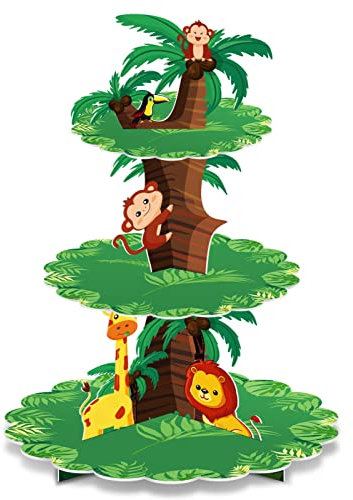 Jungle Safari Animal Party Decorations 3 Tier Wild One Birthday Party Table Centerpiece Cupcake Stand Jungle Birthday Cupcake Holder for Boy Kids Forest Wild Animals Zoo Party Baby Shower Supplies
