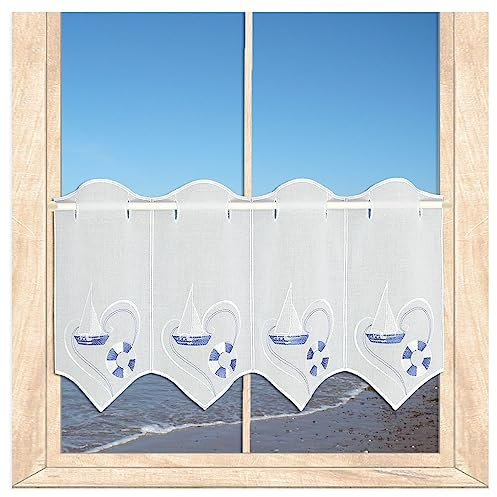 atelier alles-Spitze Maritim bestickte Scheibengardine Ocean | Blickdichte Badgardine in blau-weiß | Urlaubsfeeling mit Segelbooten | Höhe x Breite: 45 x 160 cm
