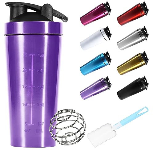 ZAKVOP 960 ml shaker edelstahl, protein shaker edelstahl, Eiweiß Shaker, Eiweiss Bottle, shaker metall, BPA Free/Leak-Proof/Premium Edelstahl, Wasserflasche with Scale - for Clump Free Shakes - Lila