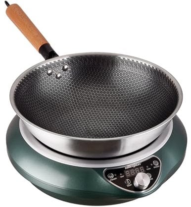 Abangdun Wok Induction Cooktop 1700W 120V Wok Burner Induction Curved Electric Stove Hot Plate Round Bottom Frying Wok Evenly