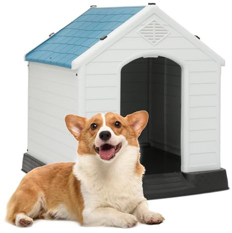 MoNiBloom Isolierte Hundehütte für kleine bis große Hunde, wasserdicht, mit Belüftungsöffnungen und erhöhtem Boden, wetterfest, für drinnen und draußen, Kunststoff, einfache Montage