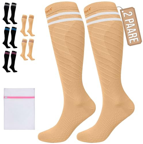 360 Relief Kompressionsstrümpfe Klasse 1 für Damen und Herren - 15-20 mmHg Stützstrümpfe für langstreckenflug, Reise, Sports, Running, Laufen - 2 Paare Kompressionssocken L/XL Beige mit Wäschenetz