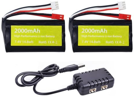 2pcs 7.4V 2000mAh 15C 2S Lipo Battery with JST-2P Plug and 2-in-1 Charger for UDIRC UD1601 UD1602 UD1604 UD1607 SG1603 SG1604 RC Remote Control Toy Car/Boat/Drone