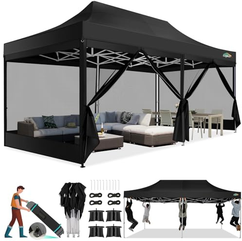 COBIZI Pavillon 3x6,Faltpavillon 3x6 Wasserdicht Stabil,Pavillon Faltbar Anti-UV mit Mesh-Seitenwände,Pavillion für Camping Events, Partyzelt Gartenzelt mit Tragetasche(3 mal 6m Schwarz)