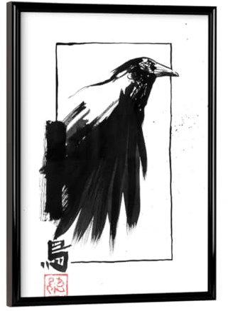 artboxONE Poster mit schwarzem Rahmen 18x13 cm Tiere Krähenrand - Bild krähe krähe Sumie