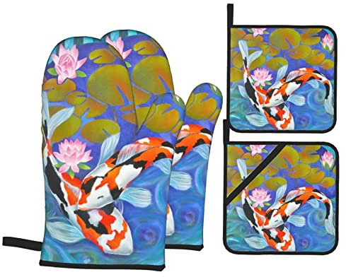 Gant Et Manique 4 Pièces Zen Koi Poisson Lotus Feuilles Fleurs Vives Dessinées À La Main Coton Doublure 2 Cuisson Gant À Four + 2 Manique Gants De Four Et Maniques, pour Cuisson, Griller