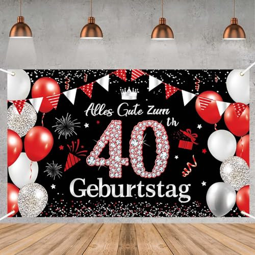 Deko 40. Geburtstag Banner für Männer und Frauen - Happy Birthday Party Dekoration in Rot und Schwarz - Lange Größe 180 × 110 cm